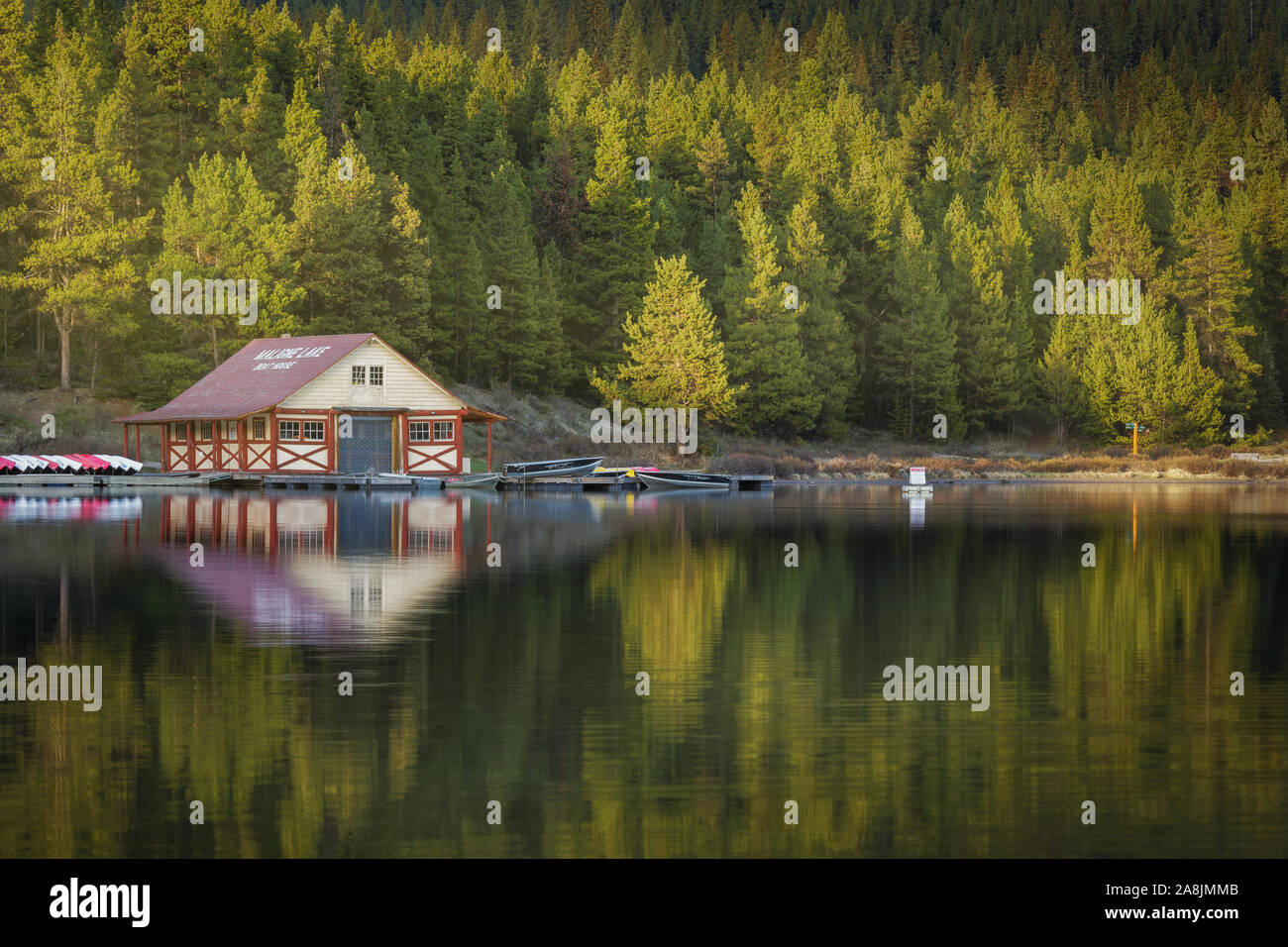 Il Lago Maligne floating cabina. Casa nel bordo del lago con barche, vicino agli alberi. La luce del sole tra gli alberi, riflessi sull'acqua. Jasper, Canada Foto Stock