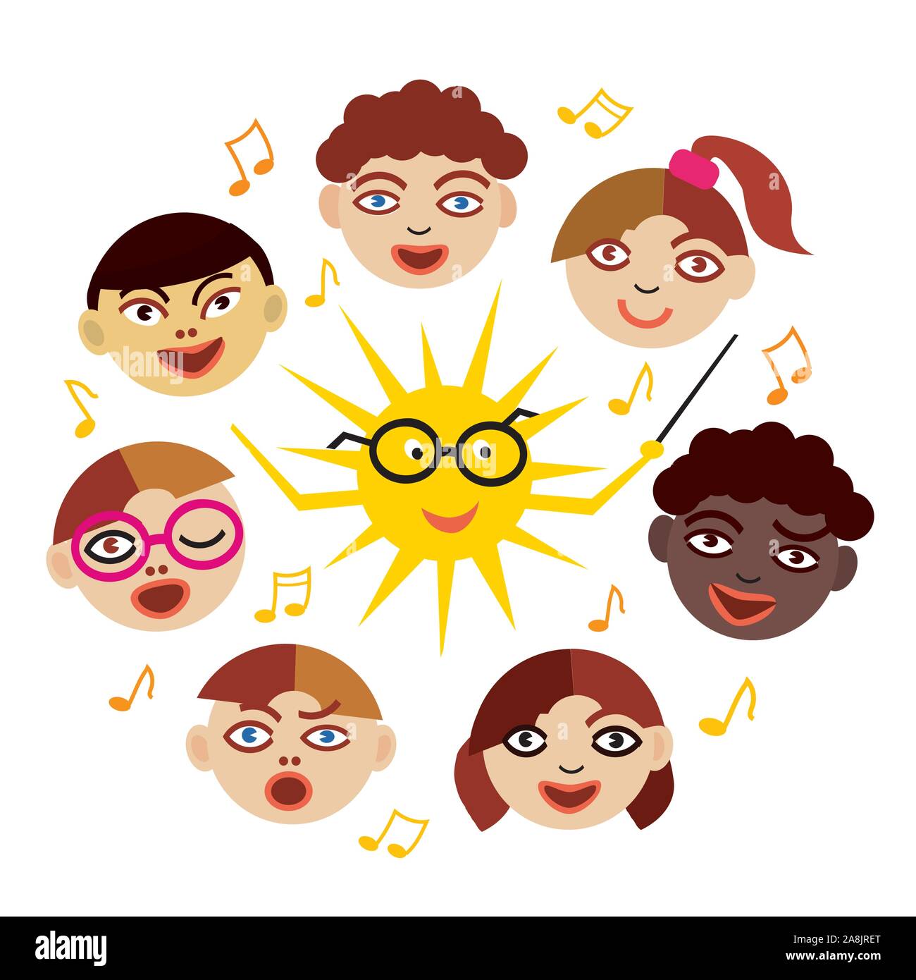 Coro dei bambini con Sun come conduttore. Illustrazione stilizzata di bambini cantano insieme come coro. Isolato su sfondo bianco.Vettore disponibile. Illustrazione Vettoriale