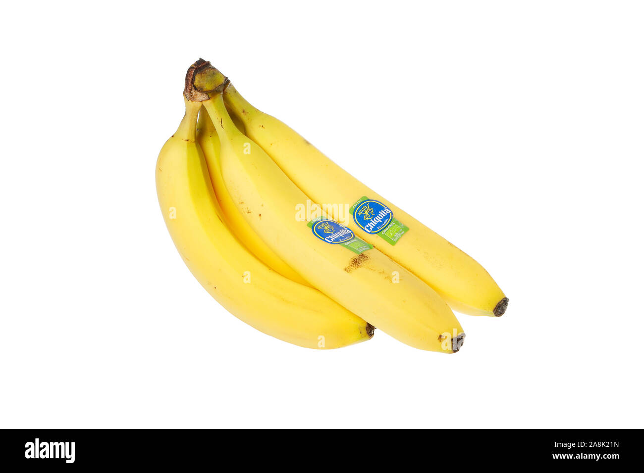 Stoccolma, Svezia - 9 Novembre 2019: un grappolo di banane mature da Ecuador etichettato con Chiquita brand organici isolati contro uno sfondo bianco. Foto Stock