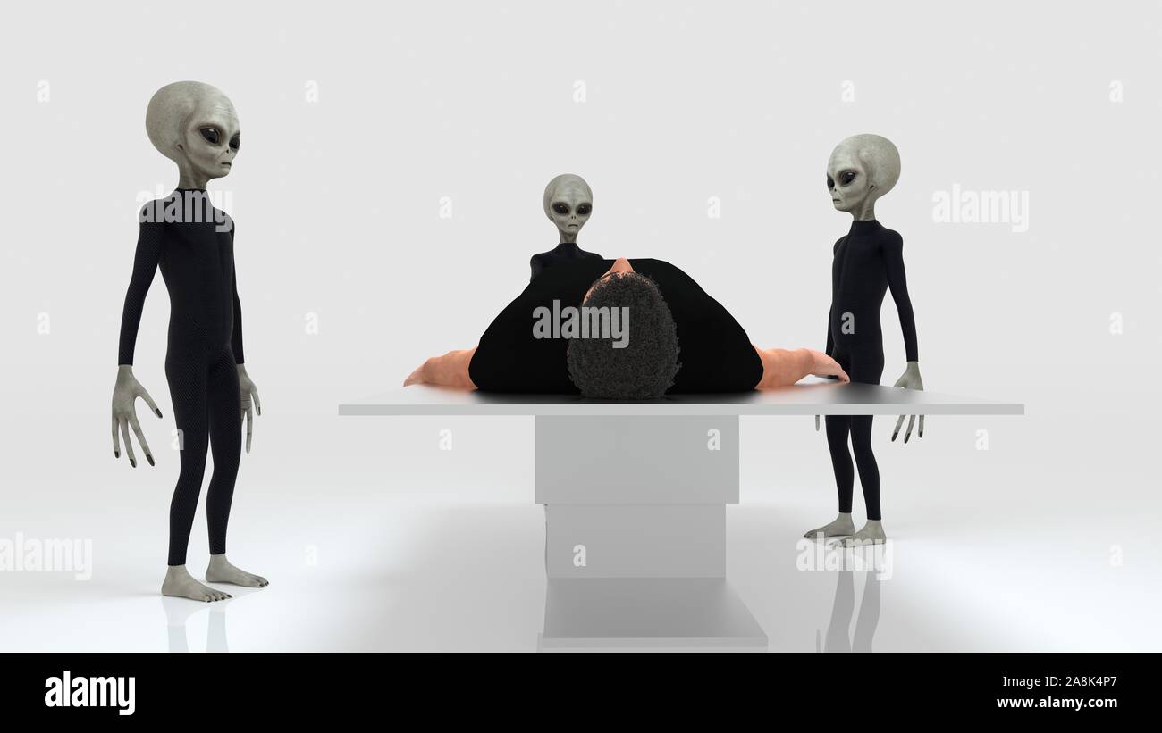 Alien Abduction con tre stranieri grigio e umana sulla tavola operatoria estremamente realistiche e dettagliate ad alta risoluzione 3D image Foto Stock