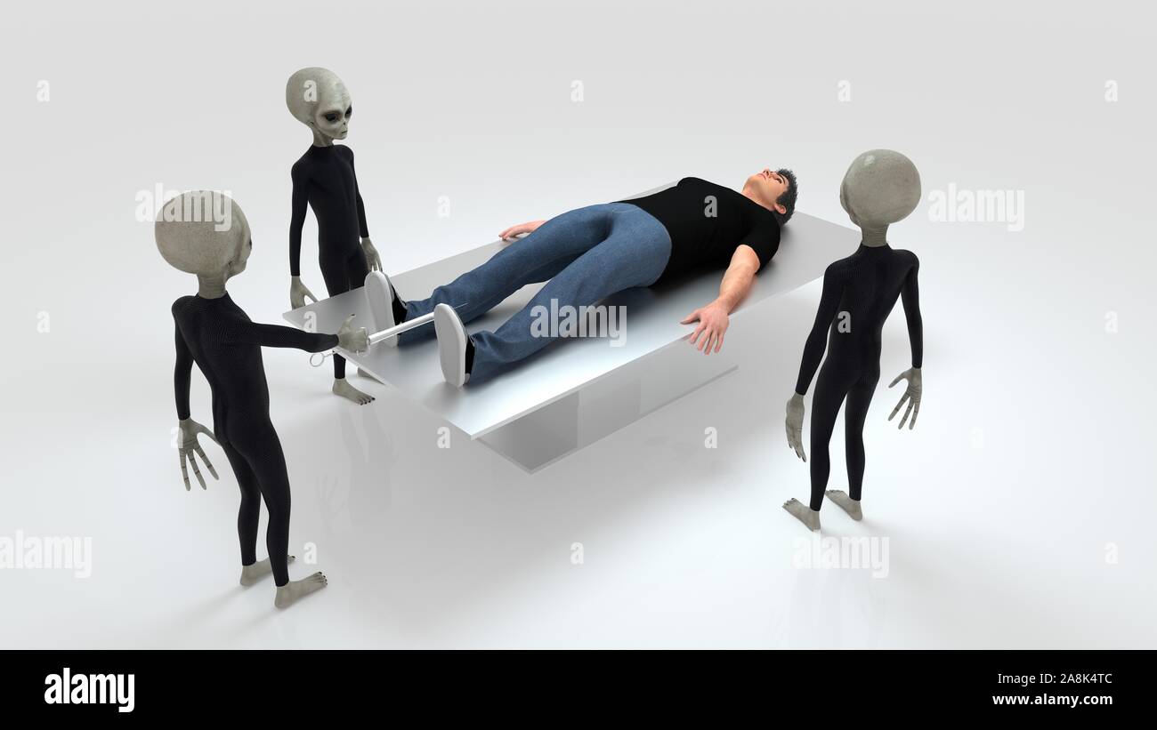 Alien Abduction con tre stranieri grigio e umana sulla tavola operatoria estremamente realistiche e dettagliate ad alta risoluzione 3D image Foto Stock