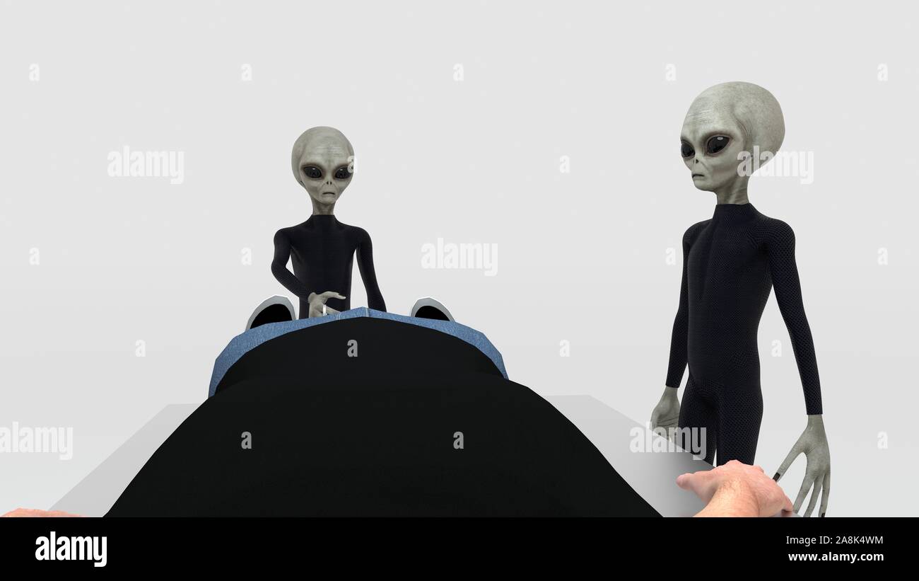 Alien Abduction con tre stranieri grigio e umana sulla tavola operatoria estremamente realistiche e dettagliate ad alta risoluzione 3D image Foto Stock