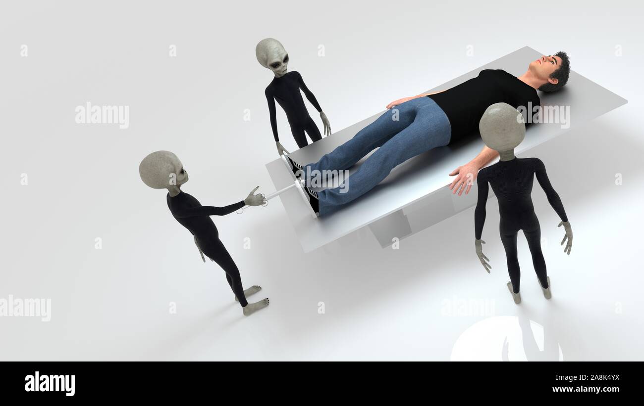 Alien Abduction con tre stranieri grigio e umana sulla tavola operatoria estremamente realistiche e dettagliate ad alta risoluzione 3D image Foto Stock