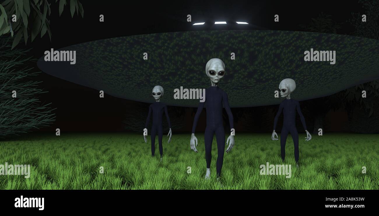 Alien UFO nella foresta con tre stranieri grigio estremamente realistiche e dettagliate ad alta risoluzione 3d illustrazione Foto Stock