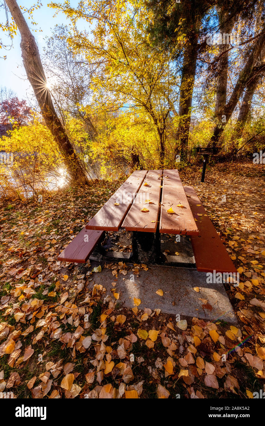 Posto per il pranzo pic-nic table in pieno i colori autunnali Foto Stock