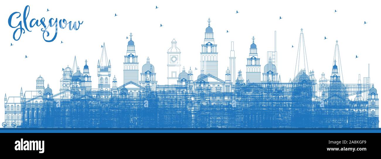 Delineare Glasgow Scozia skyline della città con edifici di colore blu. Illustrazione Vettoriale. Viaggi di affari e di turismo con il concetto di architettura storica. Illustrazione Vettoriale