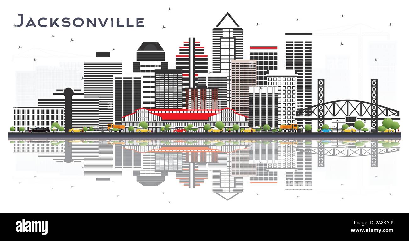 Jacksonville in Florida dello skyline della città con edifici grigi e riflessioni isolato su bianco. Illustrazione Vettoriale. Illustrazione Vettoriale