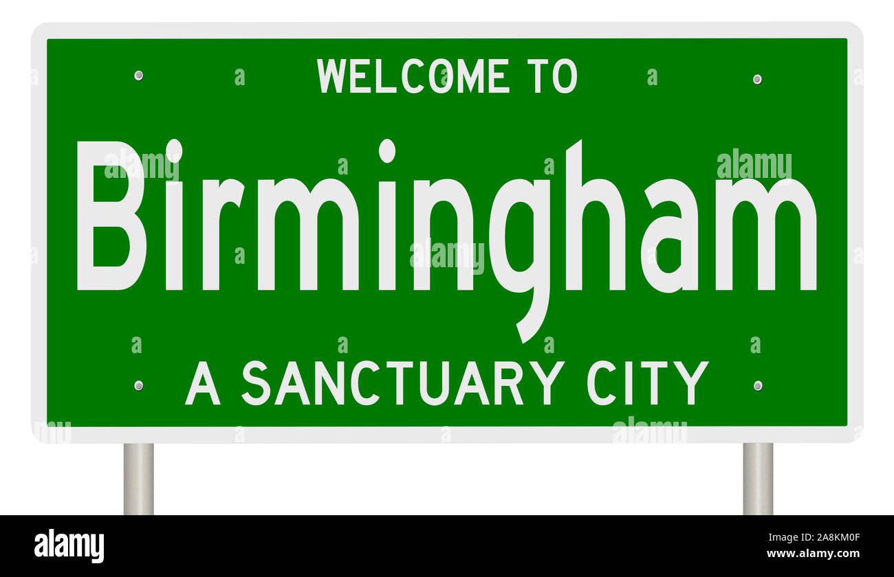 Il rendering di un verde 3d autostrada segno per Birmingham, un santuario in città Foto Stock