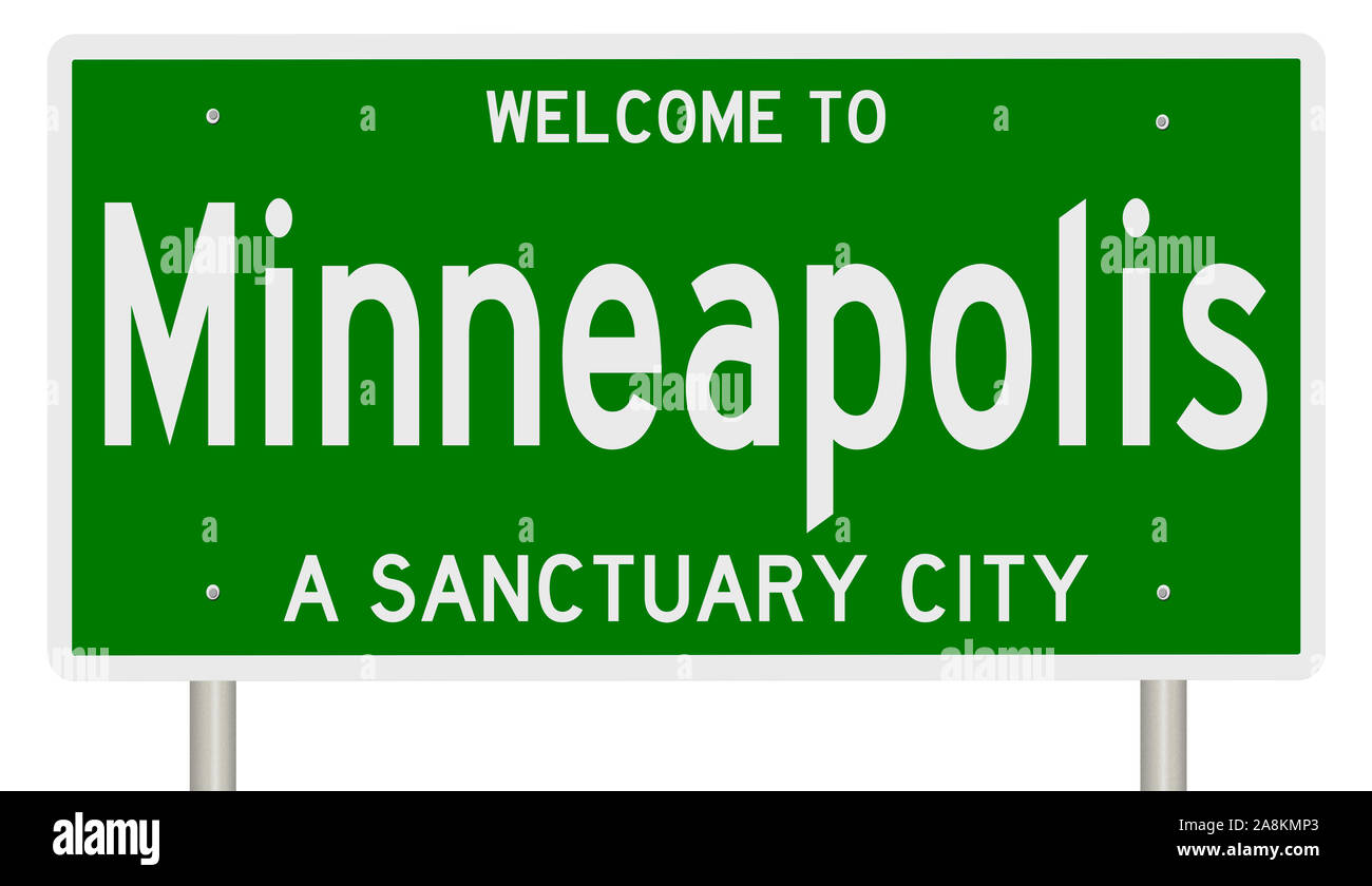 Il rendering di un verde 3d autostrada segno per Minneapolis, un santuario in città Foto Stock