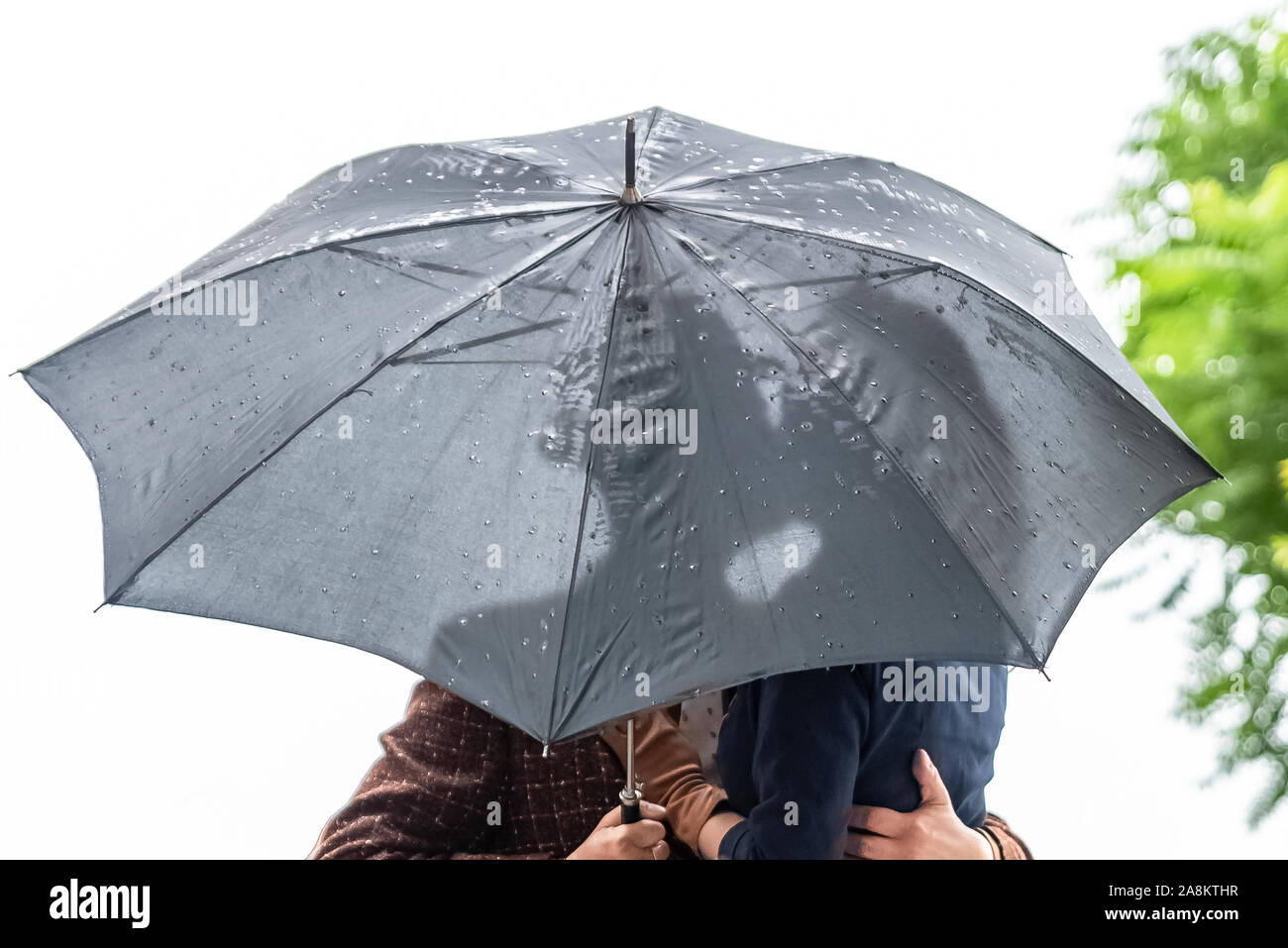 Montmartre, gli amanti francesi si baciano sotto un ombrello, giorno di pioggia Foto Stock