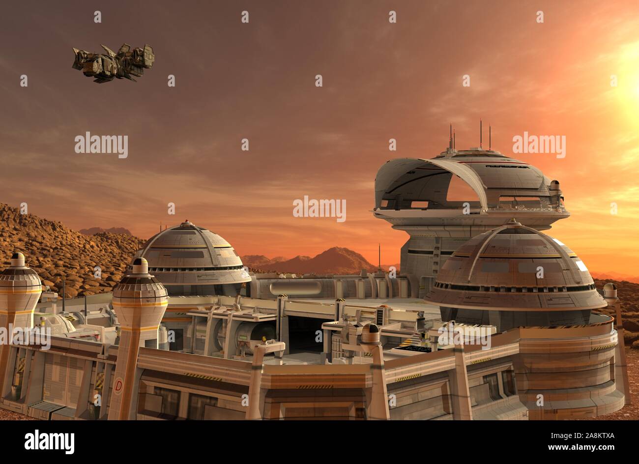 3D'illustrazione. Colonia di Marte. Spedizione sul pianeta alieno. La vita su Marte. Foto Stock