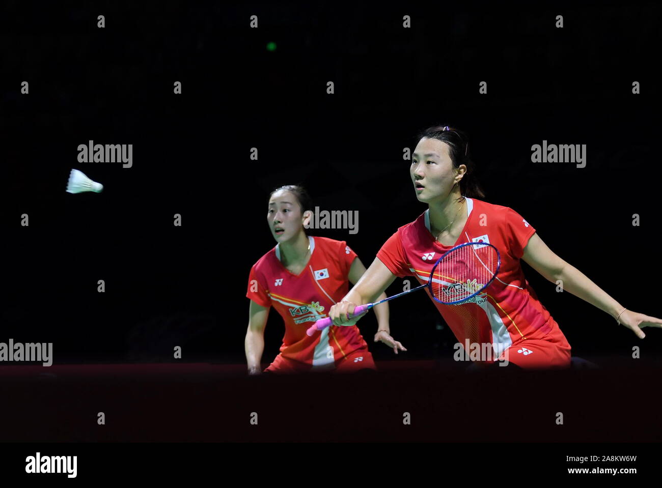 Fuzhou, Cina. 9 Nov, 2019. Lee in modo Hee/Shin Seung Chan (R) della Corea del Sud di competere durante il doppio femminile partita finale tra Yuki Fukushima/Sayaka Hirota del Giappone e Lee in modo Hee/Shin Seung Chan della Corea del Sud a Fuzhou China Open 2019 a Fuzhou, sud-est della Cina, nov. 9, 2019. Credito: Lin Shanchuan/Xinhua/Alamy Live News Foto Stock