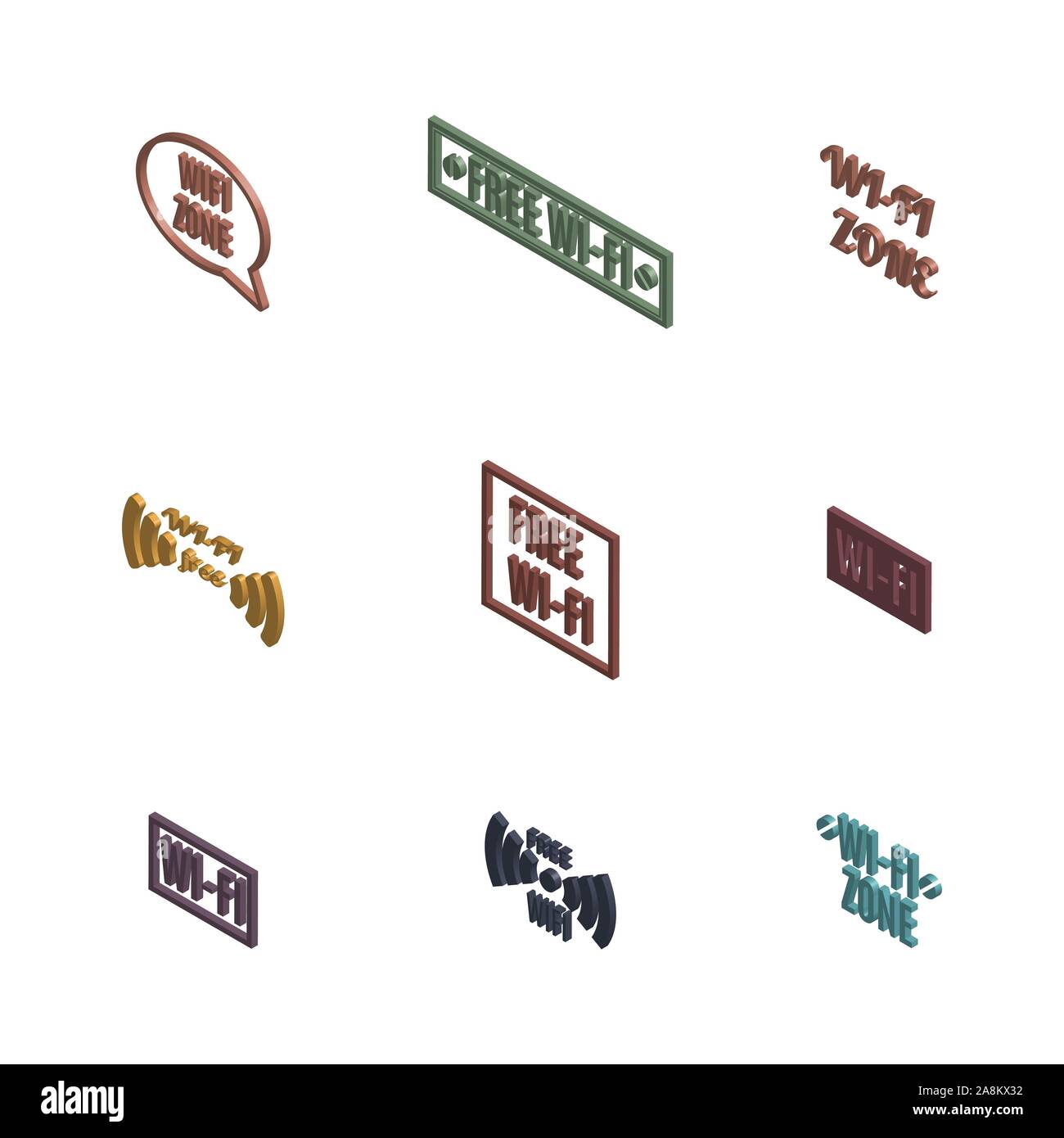 Set di varie icone senza fili isolati su uno sfondo bianco. 3D isometrica stile, illustrazione vettoriale. Illustrazione Vettoriale