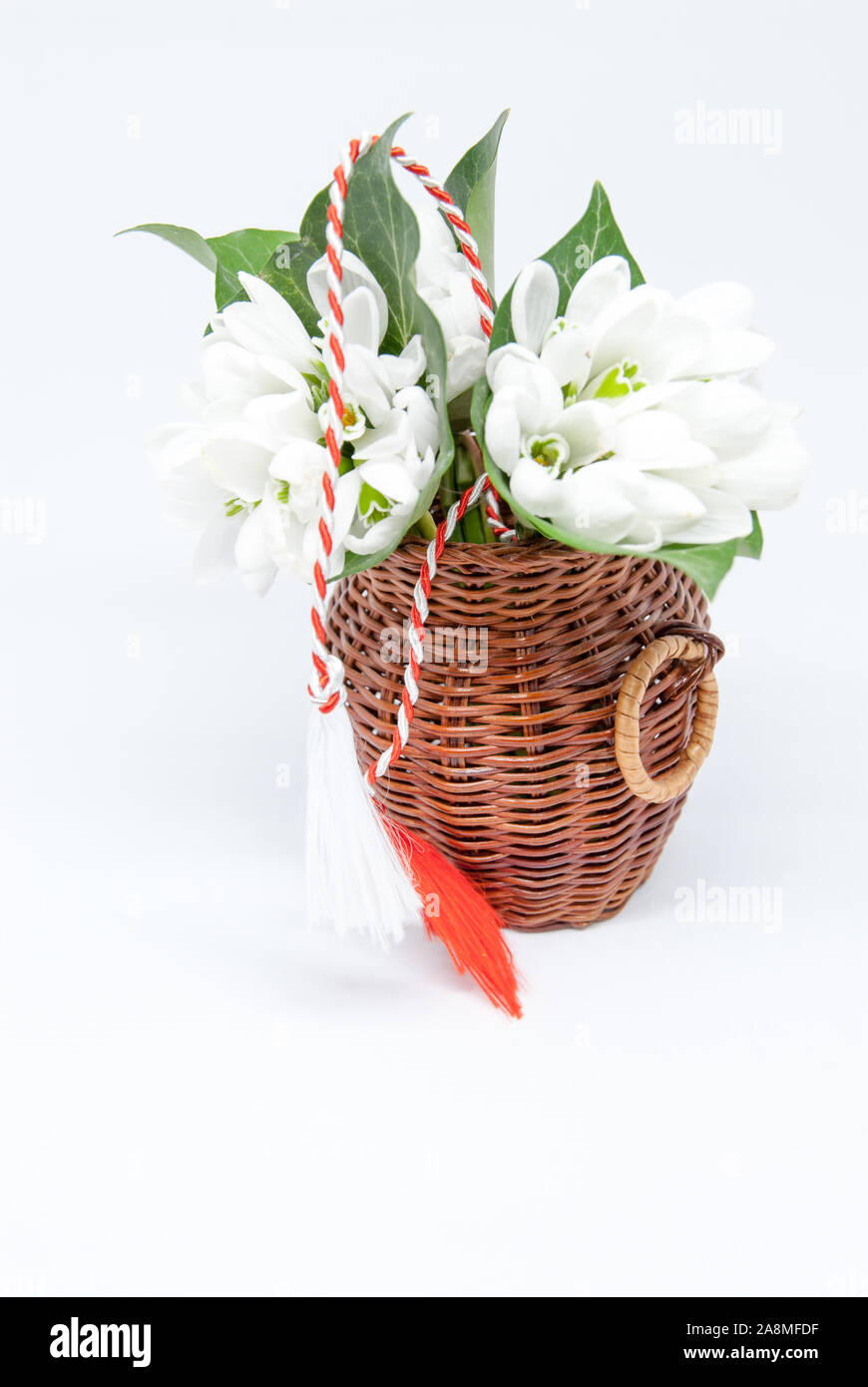 Snowdrops e rosso e bianco martisor stringa su bianco con spazio copia dell est europeo prima di marzo Celebrazione della tradizione Foto Stock