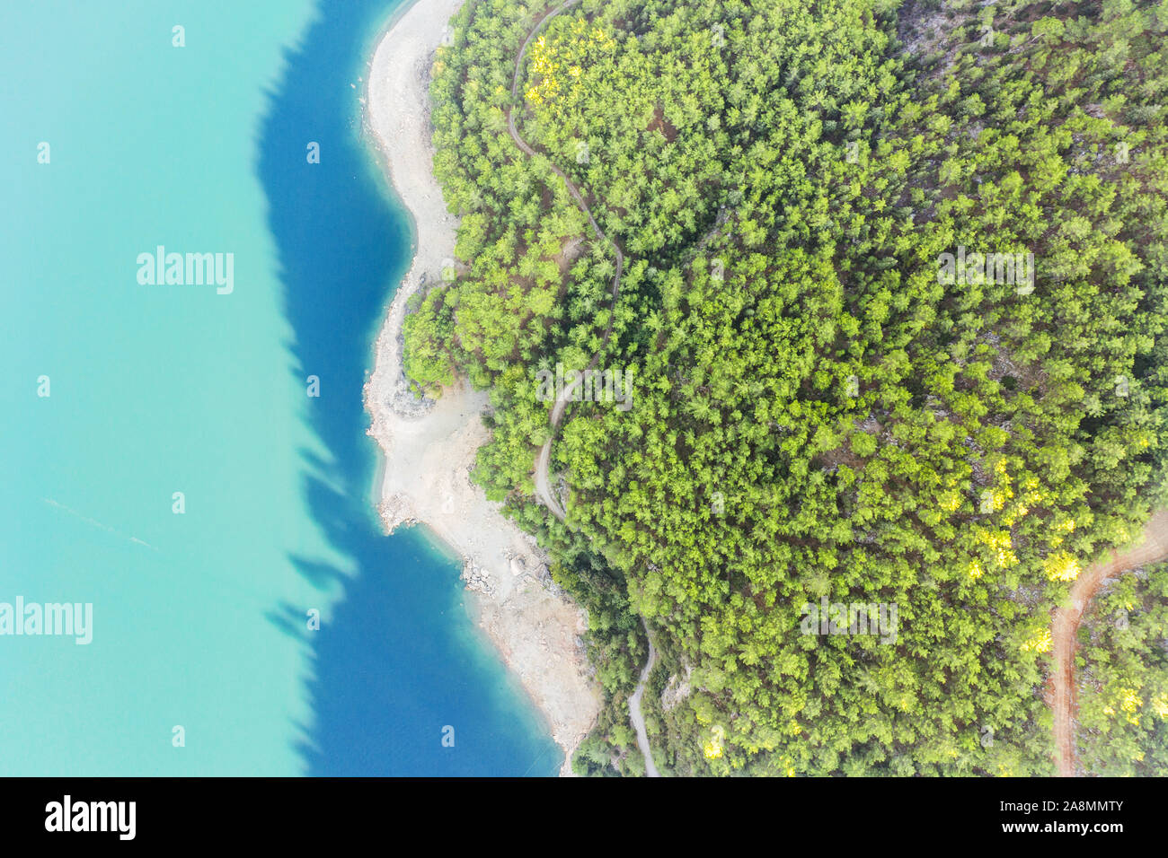 Una veduta aerea del Lago e foresta con un sentiero stretto. Foto Stock