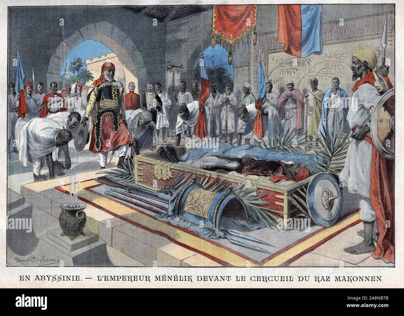 Hommage rendu par l'Empereur Menelik II d'Ethiopie un la mort de Ras Makonnen (Mekonnen Welde Mikael) (Abba Qagnew) (1852-1906), gouverneur de la provi Foto Stock
