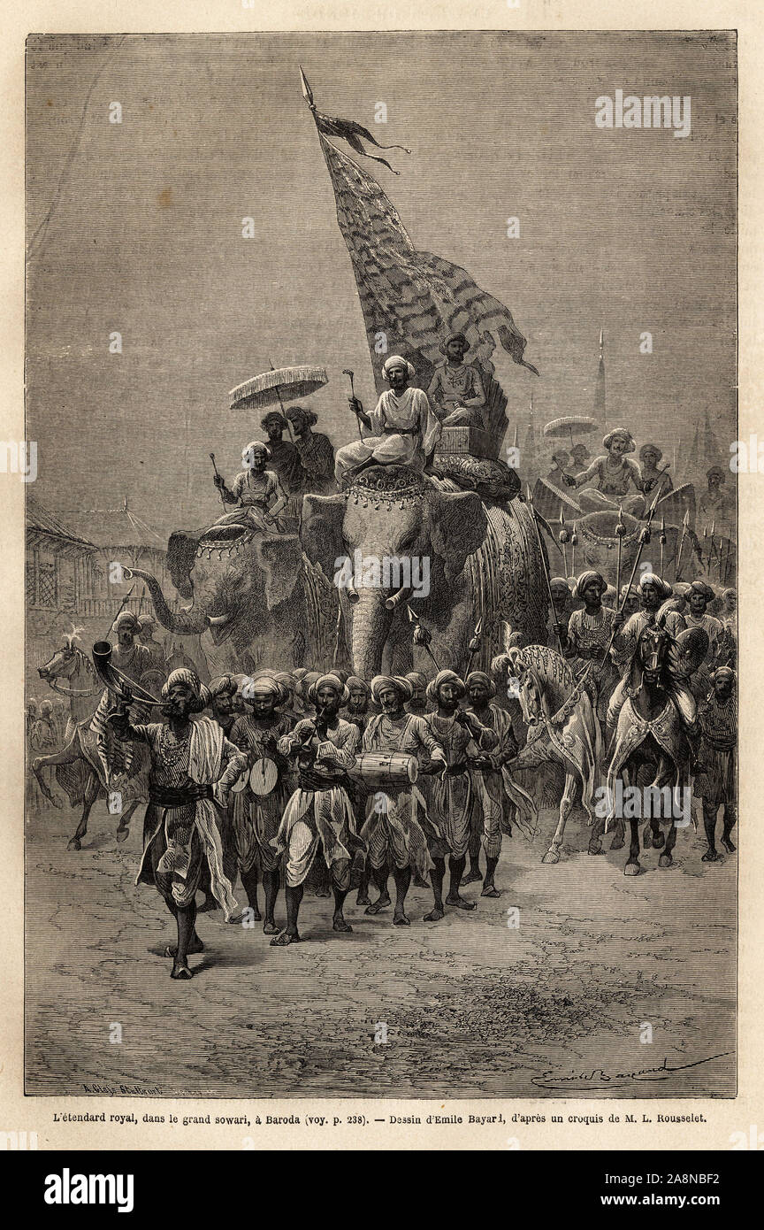 L'Etendard royal, dans le sowari ( processione militaire), un Baroda ( unità organizzativa di Vadodara), etat du Gujarat sur la Cote nord est de l'inde. Il rotocalco pour illust Foto Stock L'Etendard royal, dans le sowari ( processione militaire), un Baroda ( unità organizzativa di Vadodara), etat du Gujarat sur la Cote nord est de l'inde. Il rotocalco pour illust Foto Stock