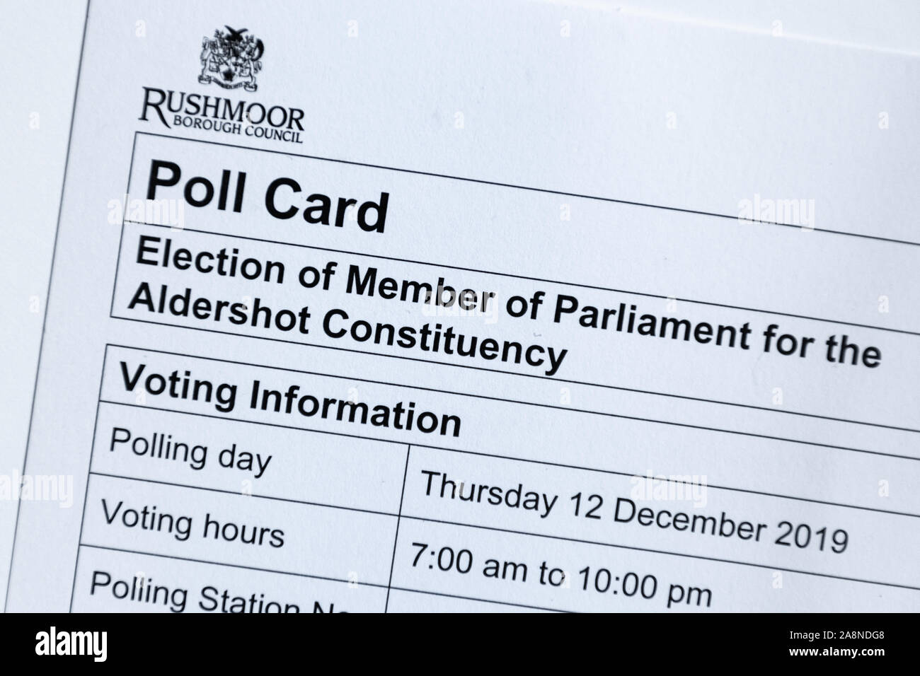 Scheda di polling per l'elezione generale BRITANNICA il 12 dicembre 2019 Foto Stock