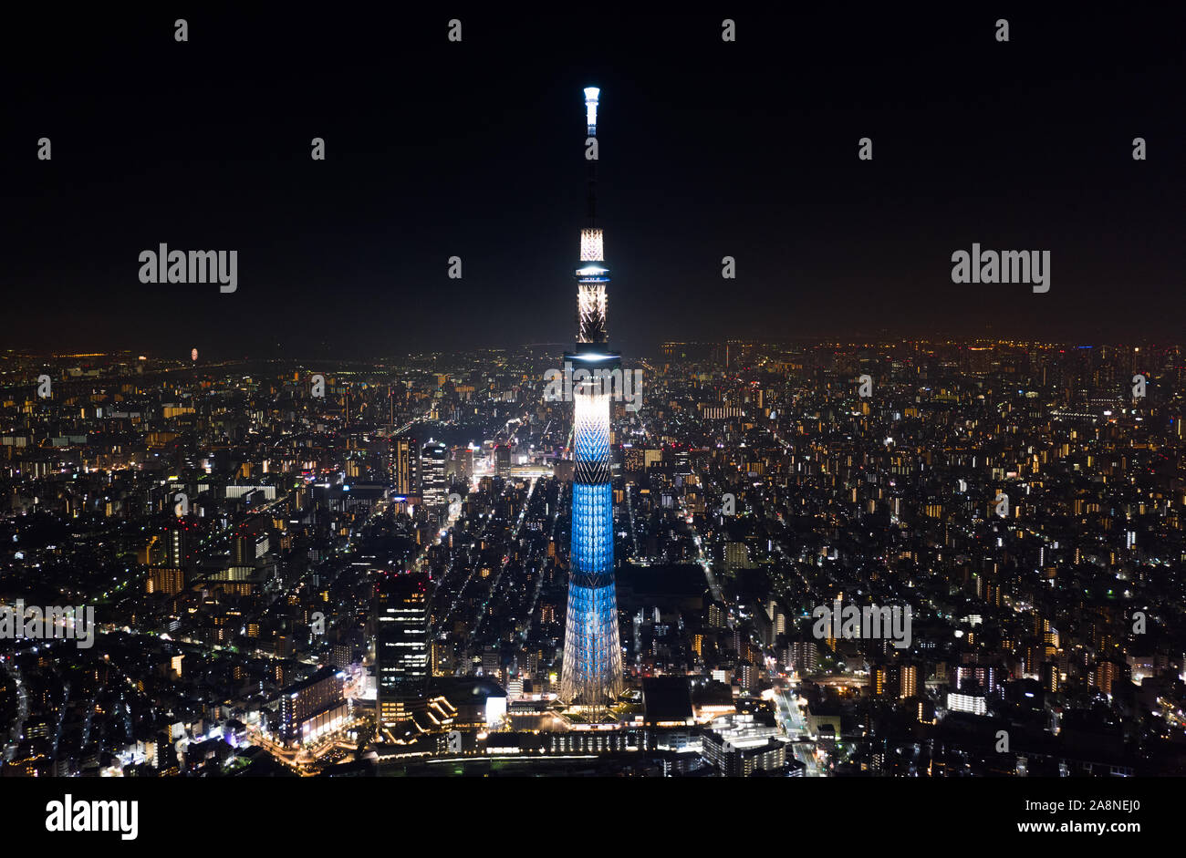 Vista aerea di Tokyo Skytree e paesaggio giapponese nella città di Tokyo di notte. Giappone turismo, paesaggio urbano, Asia Travel il concetto di destinazione Foto Stock