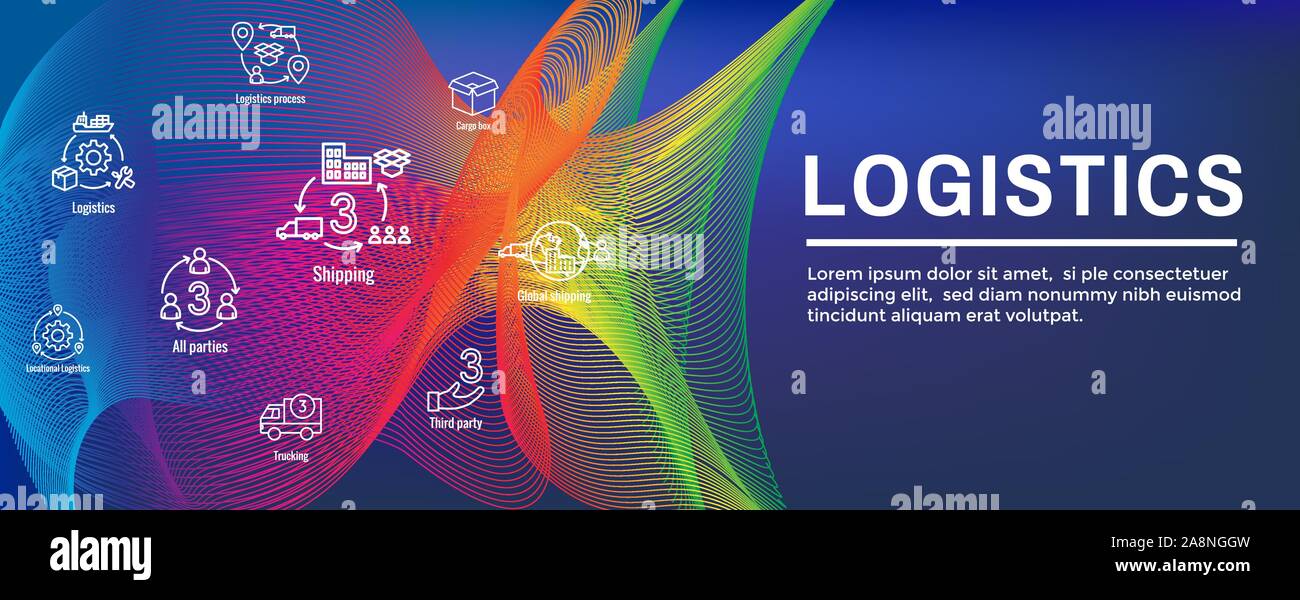 La logistica di set di icone e web banner di intestazione w edifici, autotrasporti, persone e nella confezione per la spedizione Illustrazione Vettoriale