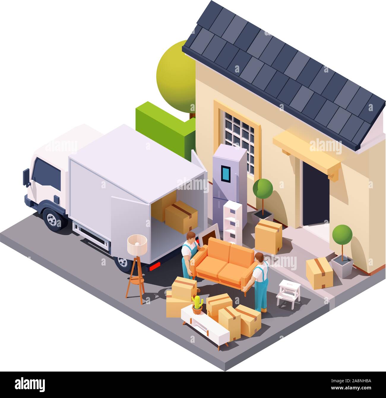 Vettore movers isometrica a casa delocalizzazione Illustrazione Vettoriale