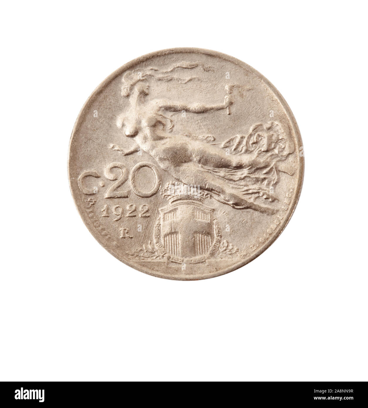 Vintage moneta metallica su sfondo bianco Foto Stock
