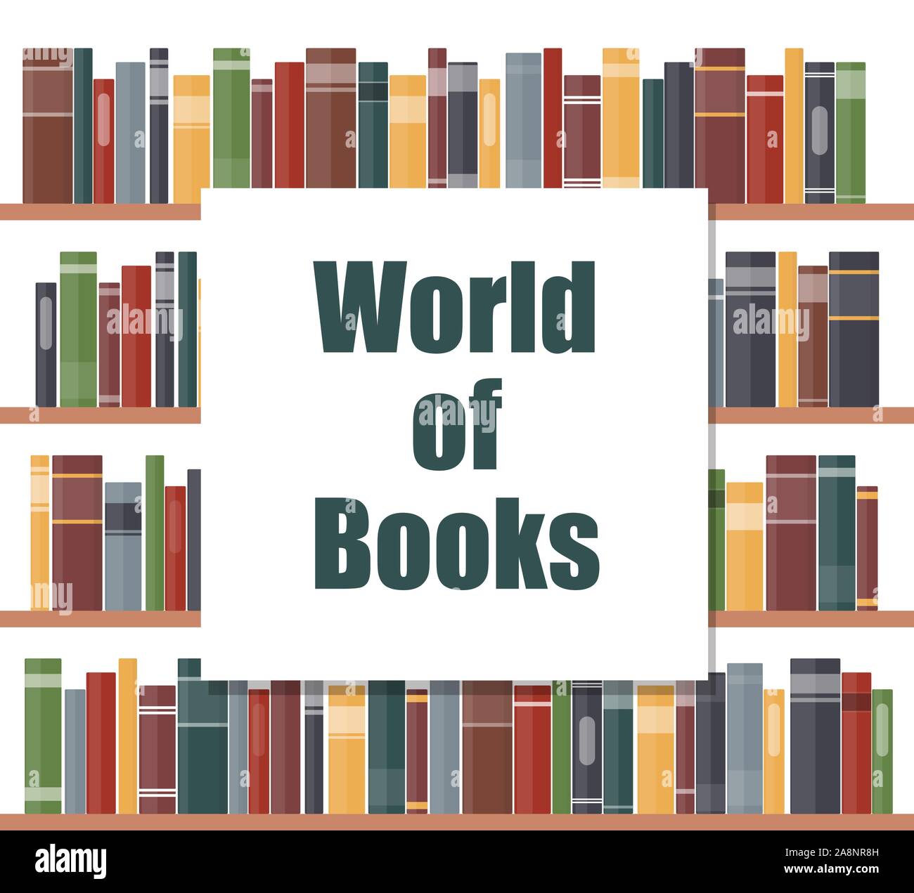Mondo dei libri concetto. Libro scaffali con multicolore prenota spine. Libri su uno scaffale. Illustrazione Vettoriale in stile piatto Illustrazione Vettoriale