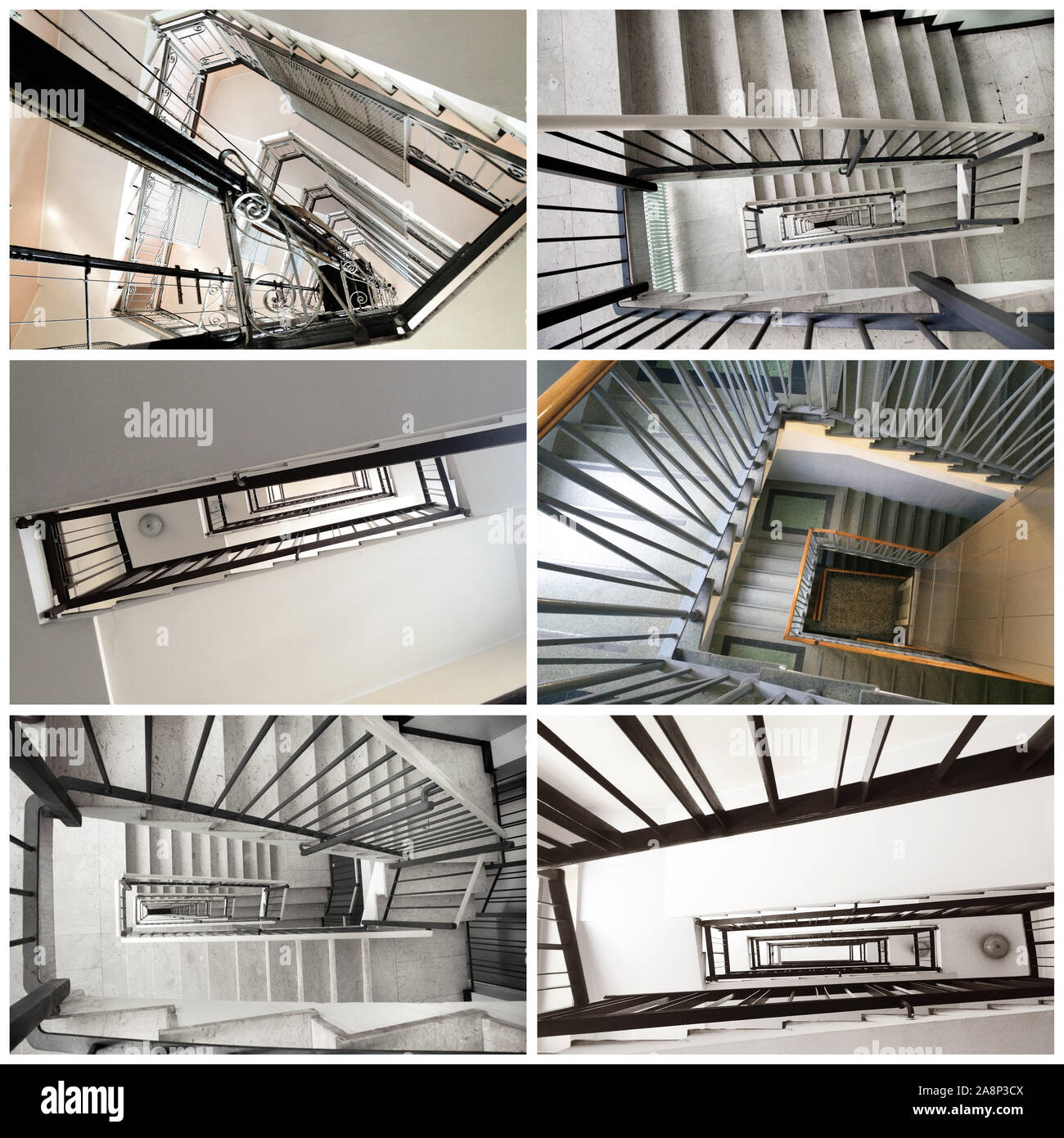 Una rampa di scale all'interno del vecchio edificio collage Foto Stock