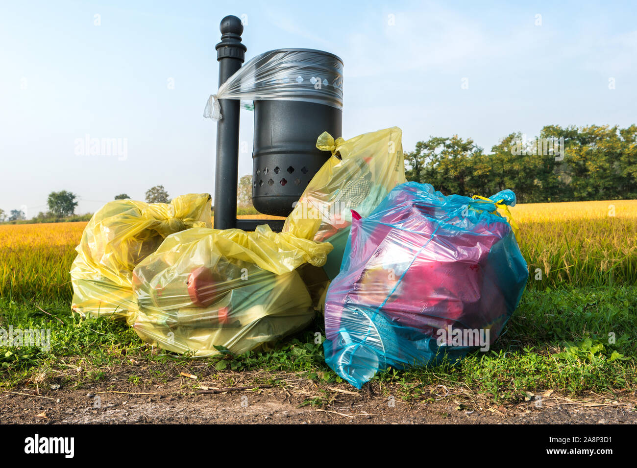 Abbandonato sacchi della spazzatura vicino a Prato Foto Stock