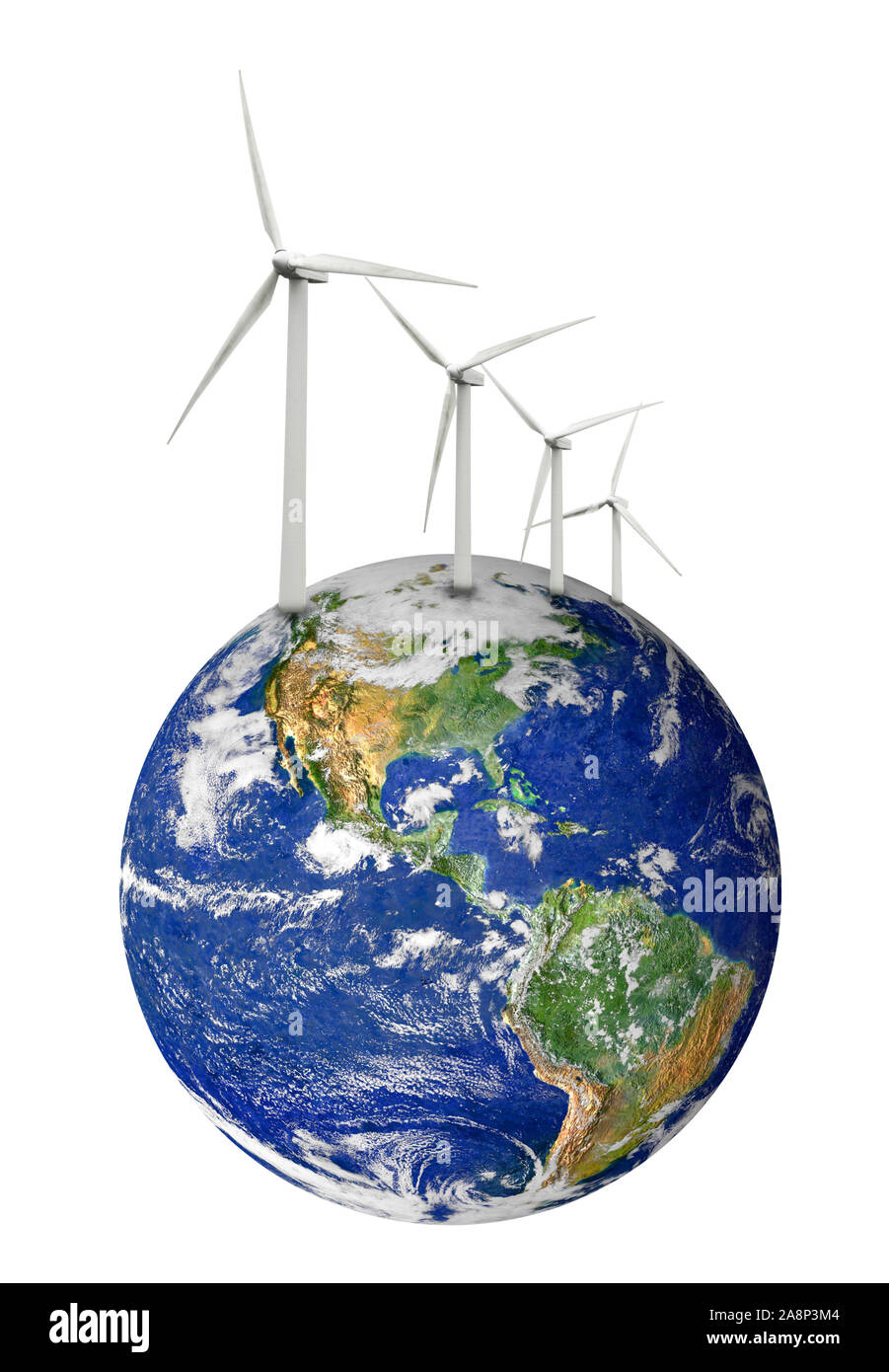 Il pianeta terra con la turbina eolica Foto Stock