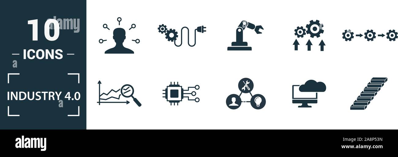 L'industria 4.0 icon set. Includere elementi creativi di automazione della gestione dei dati di business intelligence integrazione orizzontale, modello osi icone. Può essere Illustrazione Vettoriale