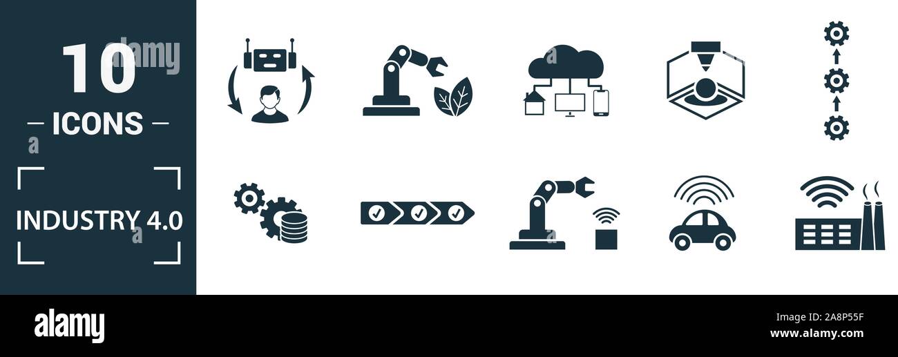 L'industria 4.0 icon set. Includere elementi creativi di automazione della gestione dei dati di business intelligence integrazione orizzontale, modello osi icone. Può essere Illustrazione Vettoriale