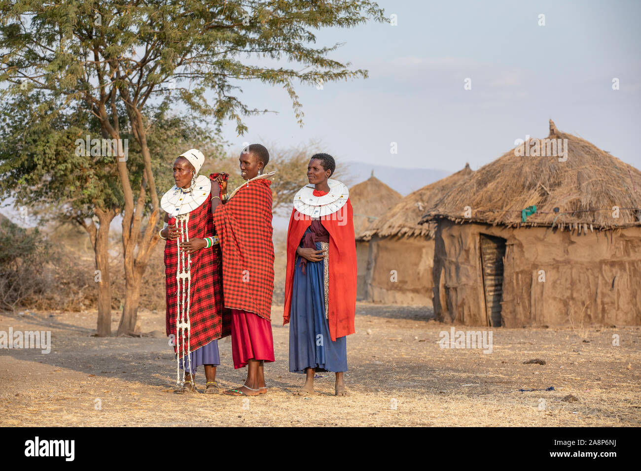 Arusha, Tanzania, 7 Settembre 2019: belle donne Maasai in abbigliamento tradizionale, indossa gioielli completa Foto Stock