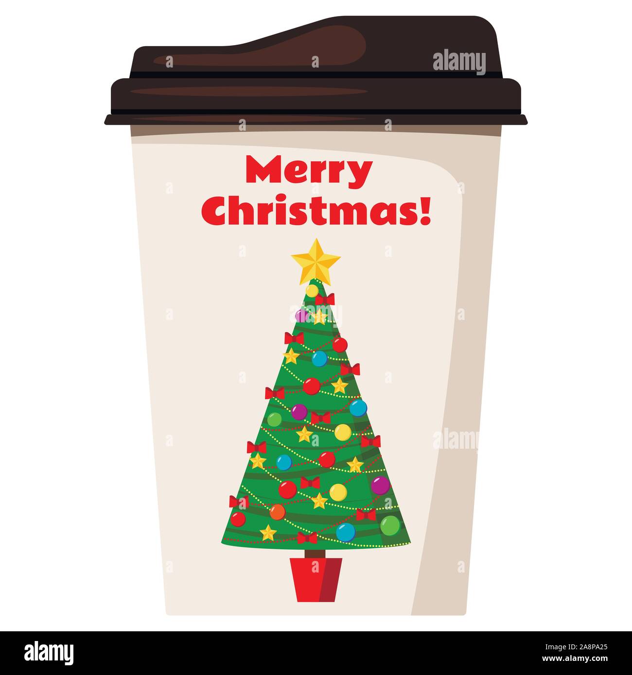 Caffè o tè Tazza decorata con albero di natale isolato su sfondo bianco. Illustrazione Vettoriale