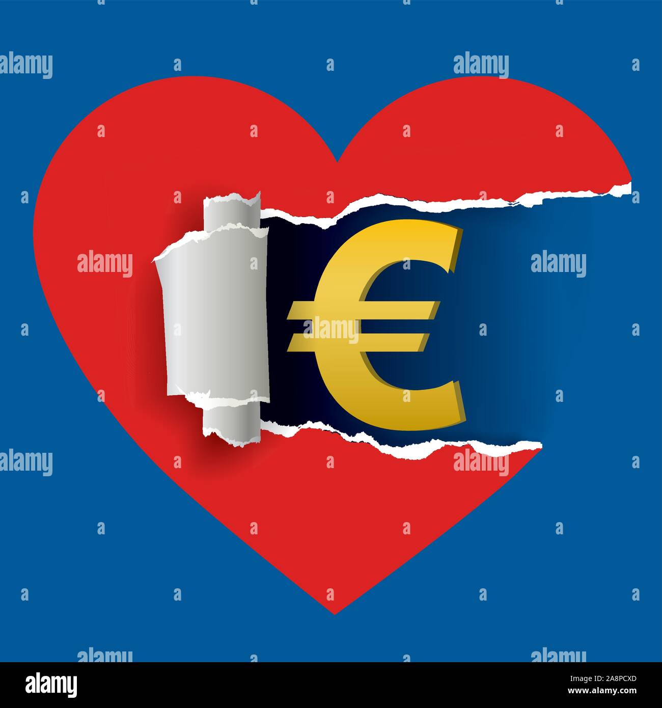 Cuore e valuta euro segno. Carta strappata nel cuore con valuta euro simbolo.l amore e il concetto di denaro. Vettore disponibile. Illustrazione Vettoriale
