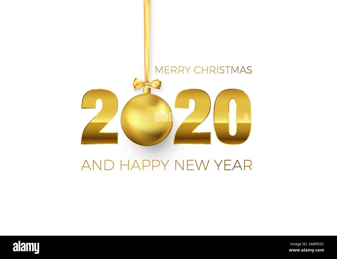 Anno nuovo poster con testo di saluto. Golden palla di Natale invece di zero nel 2020. Holiday elemento di decoro per banner o un invito. Vettore Illustrazione Vettoriale