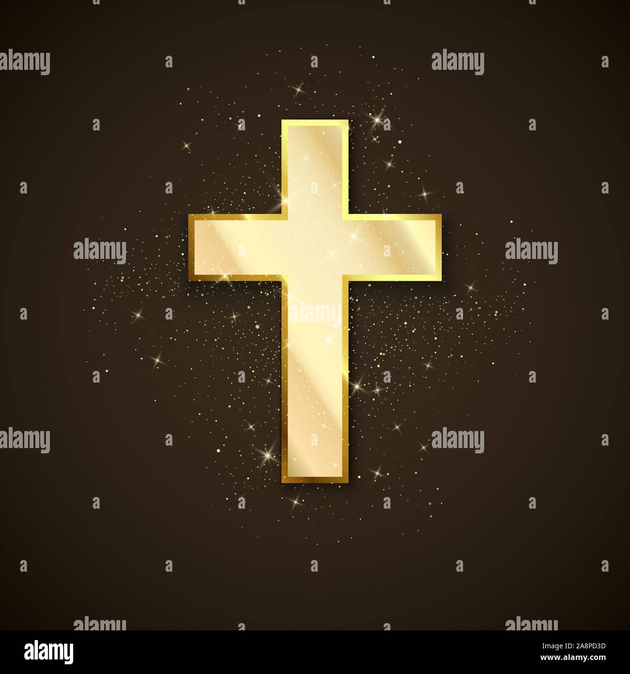 Golden Cross simbolo del cristianesimo. Santa Croce di metallo su sfondo scuro. Simbolo di speranza e di fede. Vettore Illustrazione Vettoriale