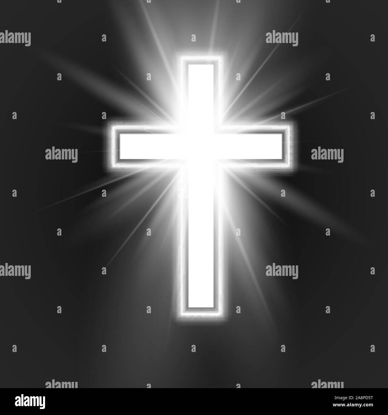 Croce bianca con telaio e brillare simbolo del cristianesimo. Simbolo di speranza e di fede. Illustrazione di vettore isolato su sfondo scuro Illustrazione Vettoriale
