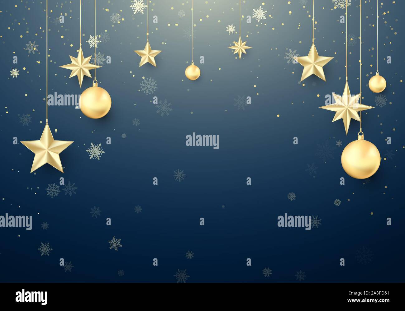 Golden palla di Natale e stelle. Anno nuovo sfondo di decorazione. Oro fiocchi di neve. Felice Anno Nuovo biglietto di auguri Modello. Vettore Illustrazione Vettoriale