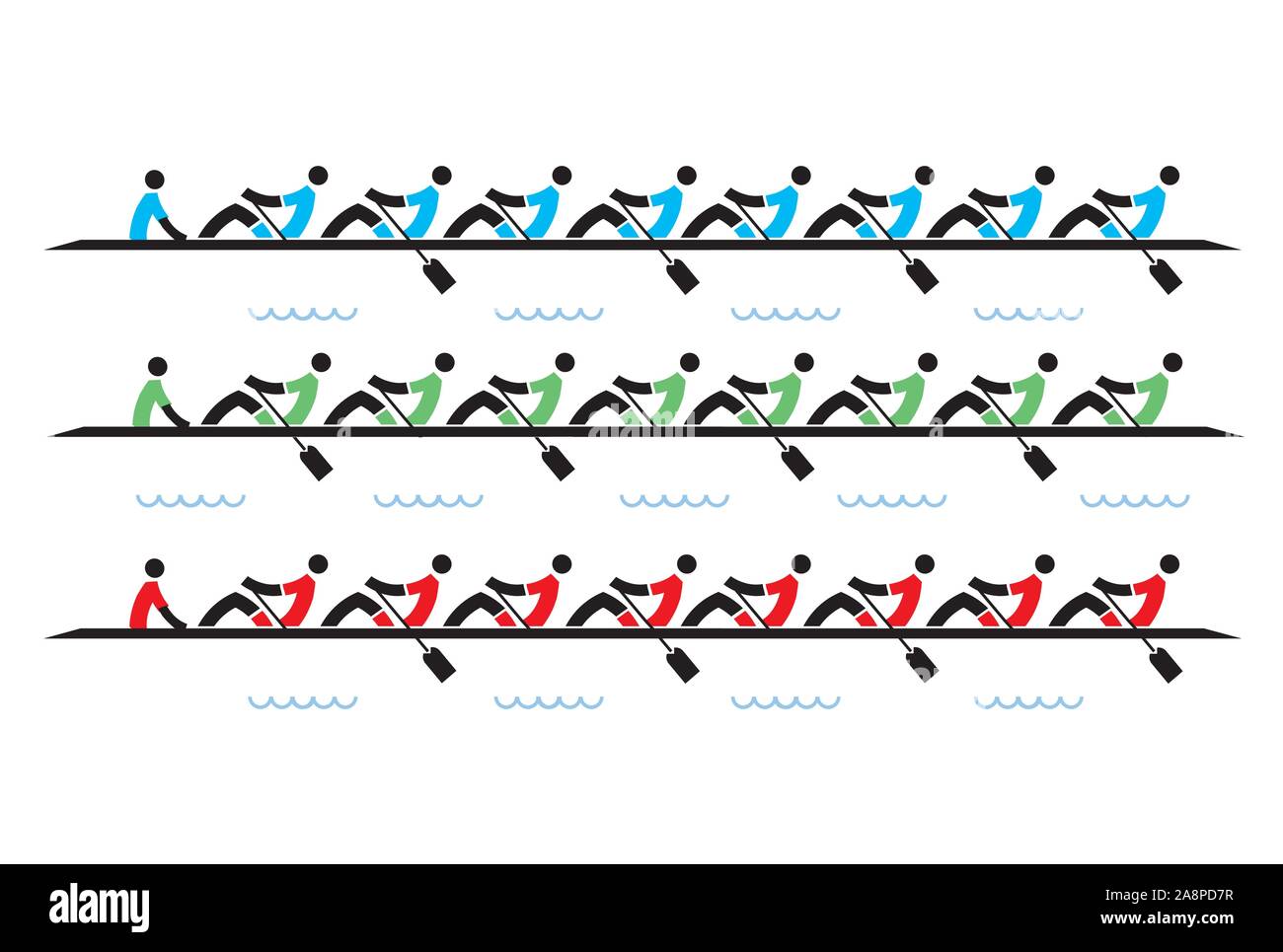 Gara di canottaggio eights, icone. Illustrazione stilizzata di vogatori concorrenti su sfondo bianco.Vettore disponibile. Illustrazione Vettoriale
