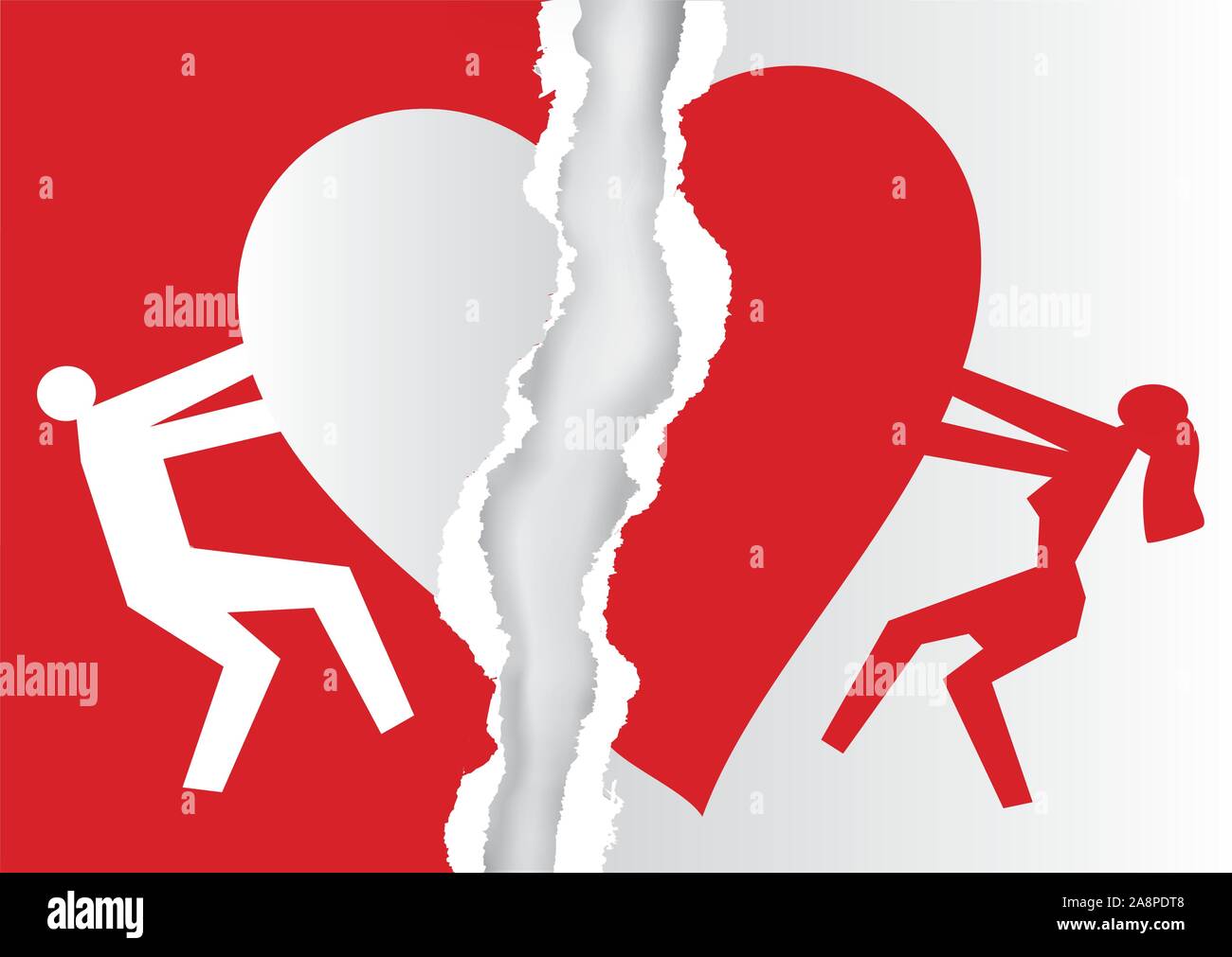 Coppia divorziata, bianco e rosso di carta strappata con il simbolo del cuore. Carta strappata con l uomo e la donna sagome e cuore spezzato icon.Vettore disponibile. Illustrazione Vettoriale