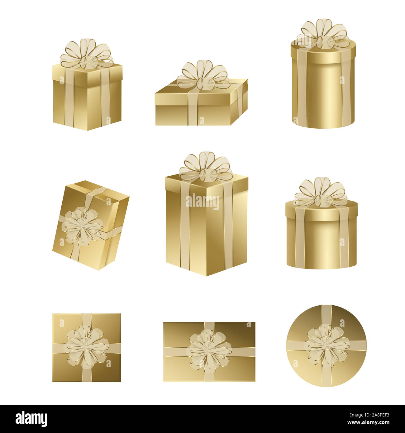 Serie Oro confezioni regalo con fiocco in oro e nastro per natale e decorazioni di compleanno Foto Stock