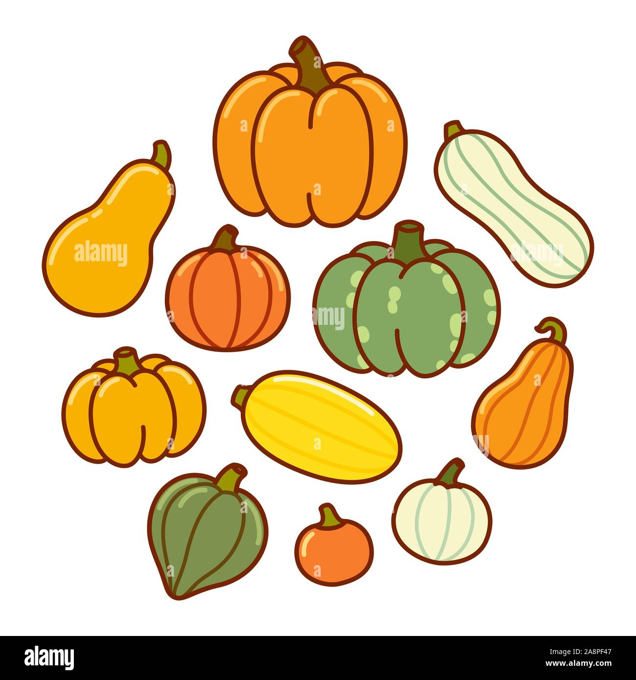Disegno animato di diversi tipi di zucca e squash. Autumn harvest verdure, vettore disegnato a mano stile doodle illustrazione. Illustrazione Vettoriale