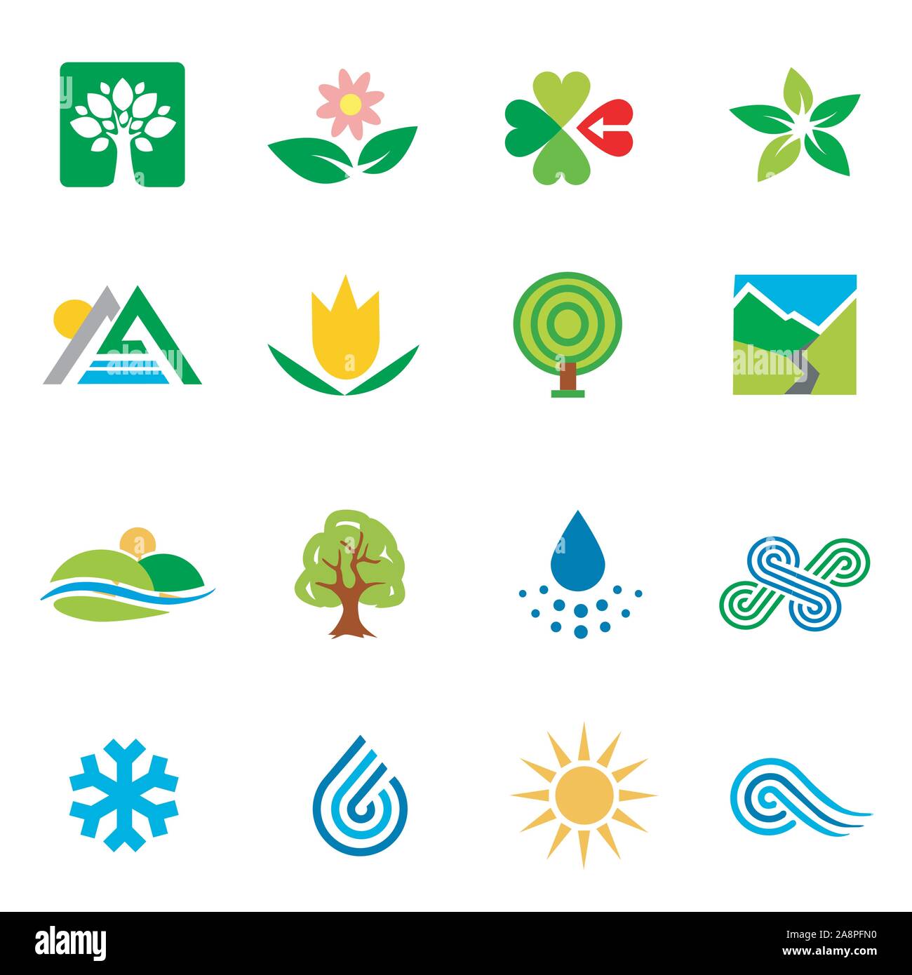 Icone natura paesaggio meteo. Set di icone colorate le icone con tema la natura.isolati su sfondo bianco. Vettore disponibile. Illustrazione Vettoriale