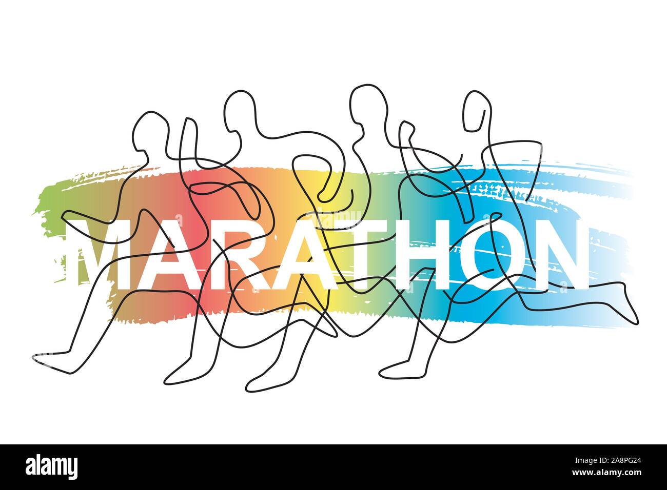 Gara di corsa, concorrenza, line art stilizzato. Colorato lineart stilizzata illustrazione di quattro piloti in esecuzione con iscrizione maratona.Vettore disponibile Illustrazione Vettoriale