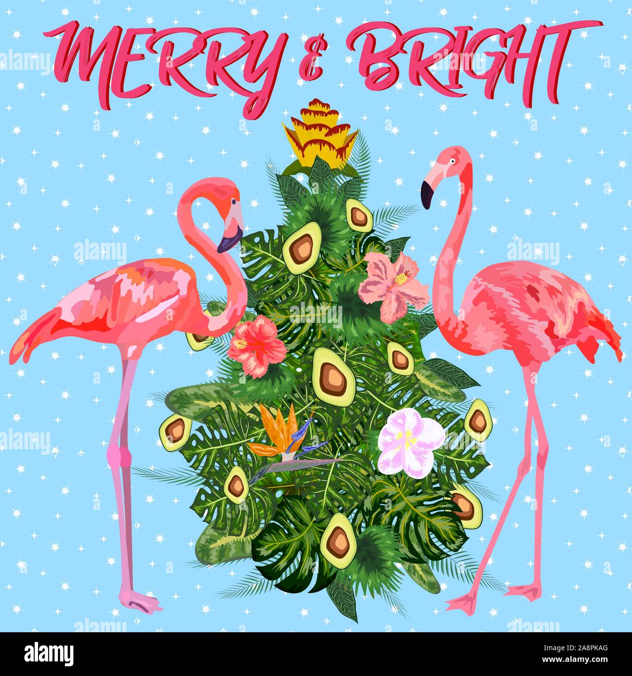 Natale tropicale. Flamingo, foglie di palma e fiocchi di neve. Modello per i biglietti e inviti per le feste. Albero di Natale fatto di foglie di palma e avocado Illustrazione Vettoriale