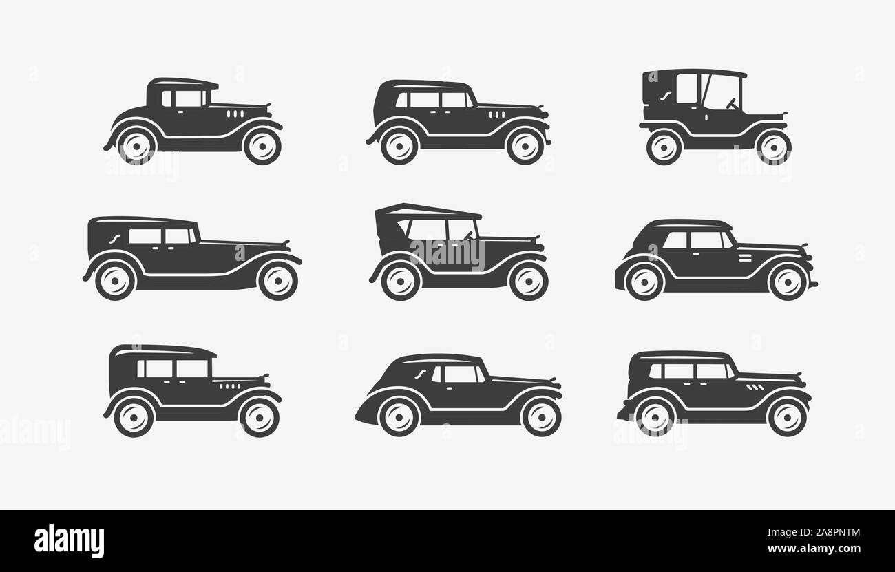 Set di icone per auto retrò. Simbolo di trasporto. Illustrazione vettoriale Illustrazione Vettoriale