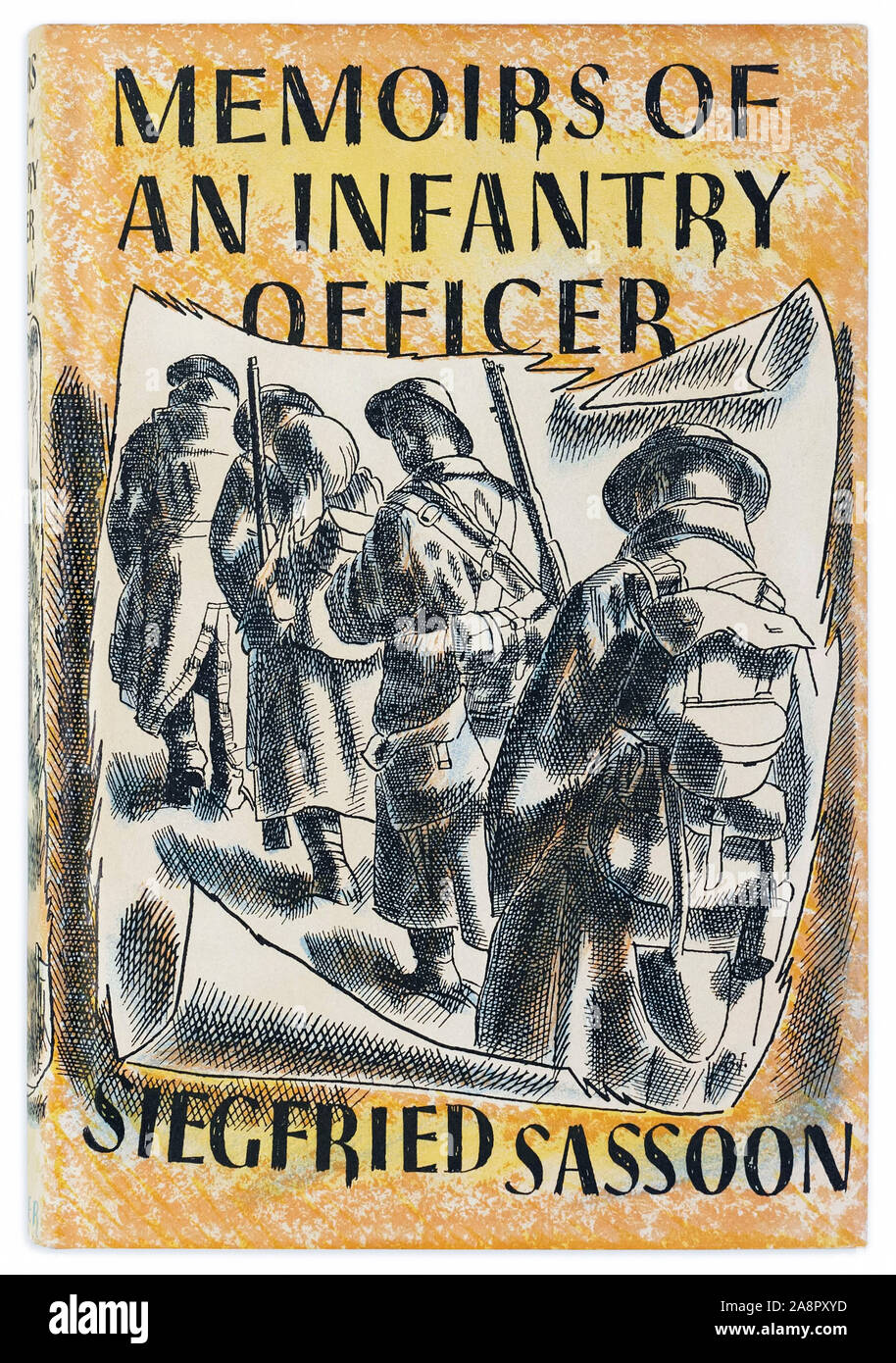 Memorie di un Ufficiale di fanteria da Siegfried Sassoon (1886-1967) poeta inglese, scrittore e soldato. Questo libro è la seconda parte di Sassoon della trilogia Sherston ed è un account fictionalised dell'autore della propria vita durante e dopo la Grande Guerra. Fotografia del coperchio anteriore del 1931 edizione con illustrazioni di Barnet Freedman (1901-1958). Foto Stock