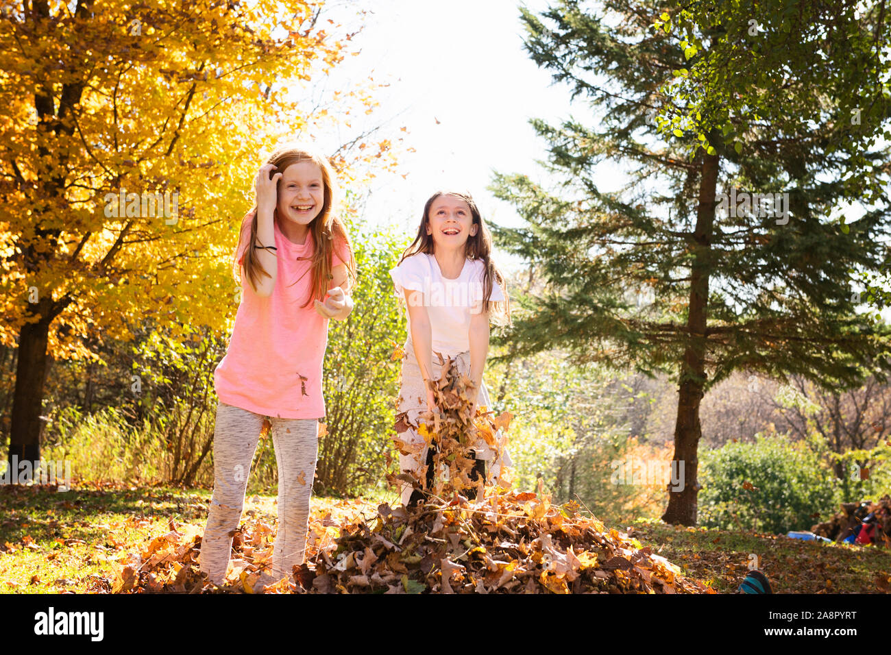Due giovani ragazze a giocare al di fuori in foglie di autunno Foto Stock