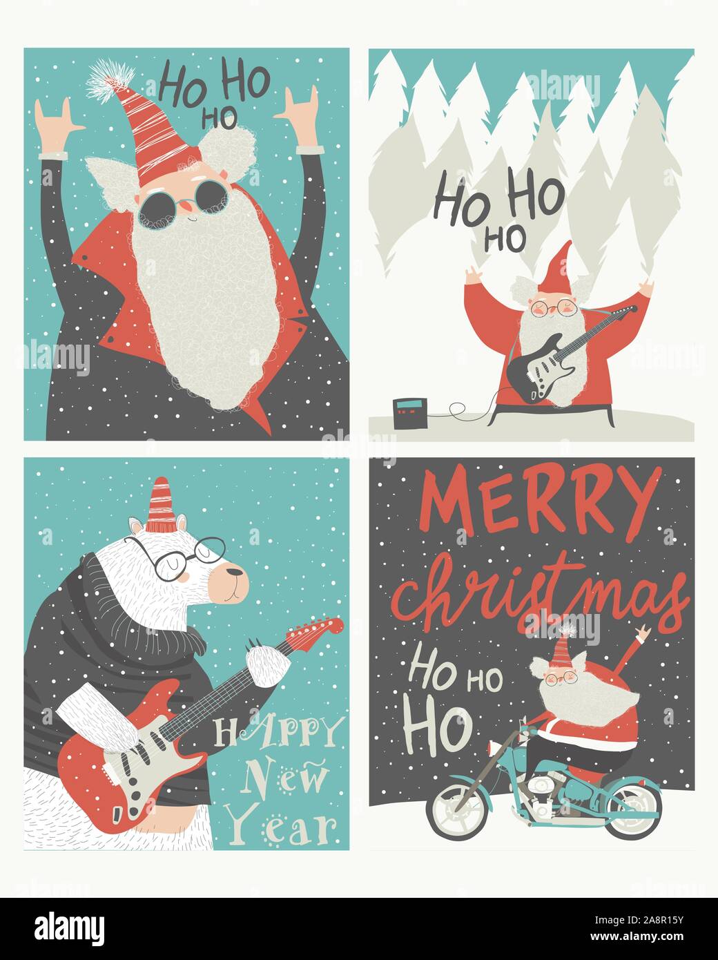 Set di cartoline di Natale con il rock'n'roll Babbo Natale Illustrazione Vettoriale